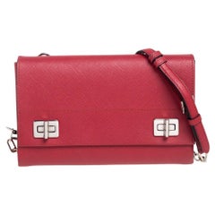 Prada Red Saffiano Cuir Leather Small Double Turnlock Shoulder Bag
