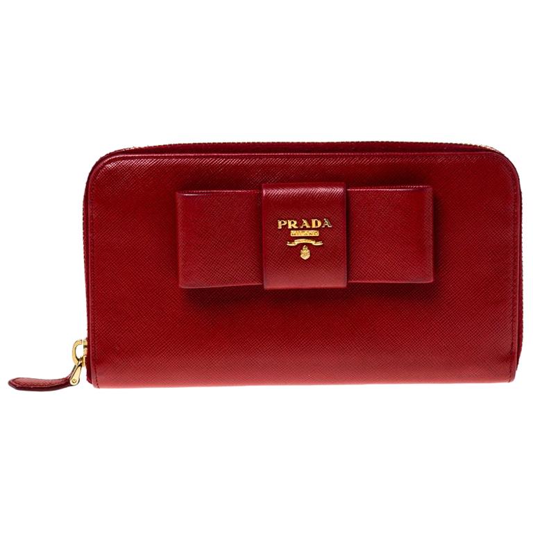 Prada Red Saffiano Leather Bow Zip Around Wallet For Sale at 1stDibs