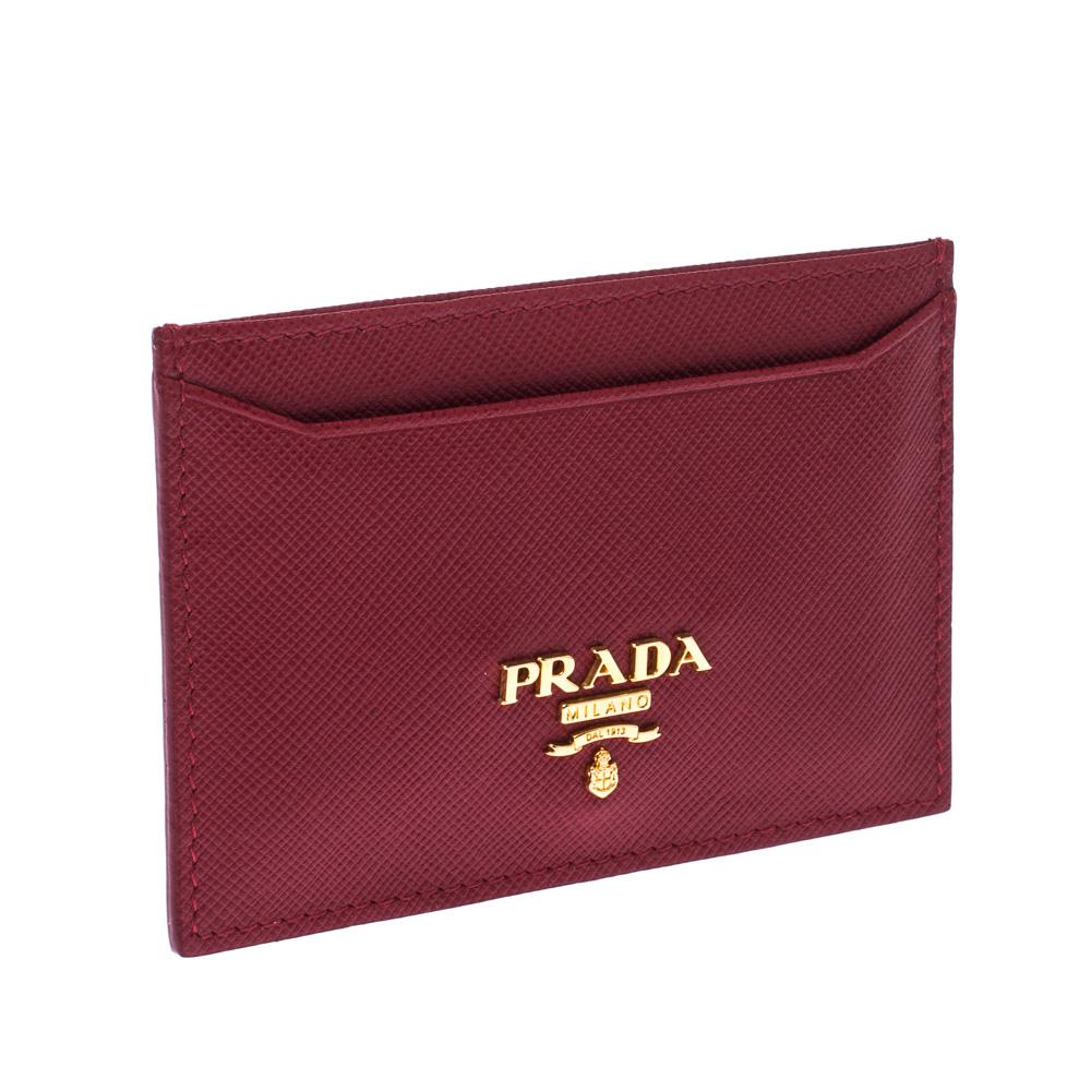 Brown Prada Red Saffiano Leather Card Holder