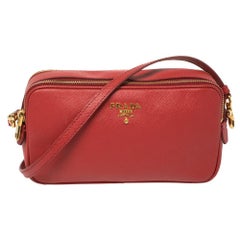 Prada Red Saffiano Leather Double Zip Crossbody Bag