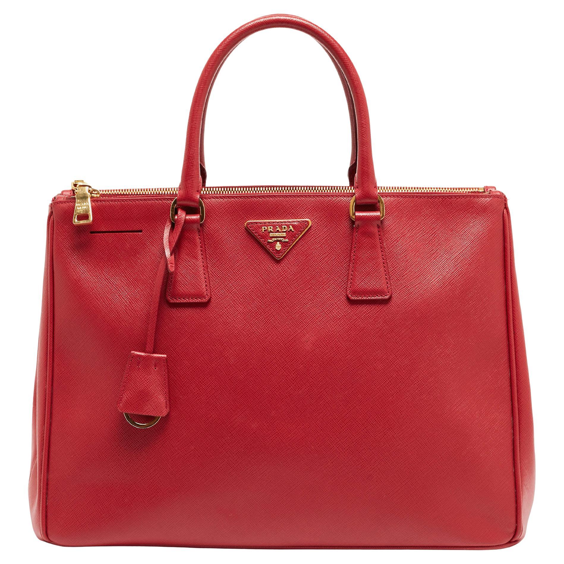 Prada Red Saffiano Leather Large Double Zip Tote For Sale