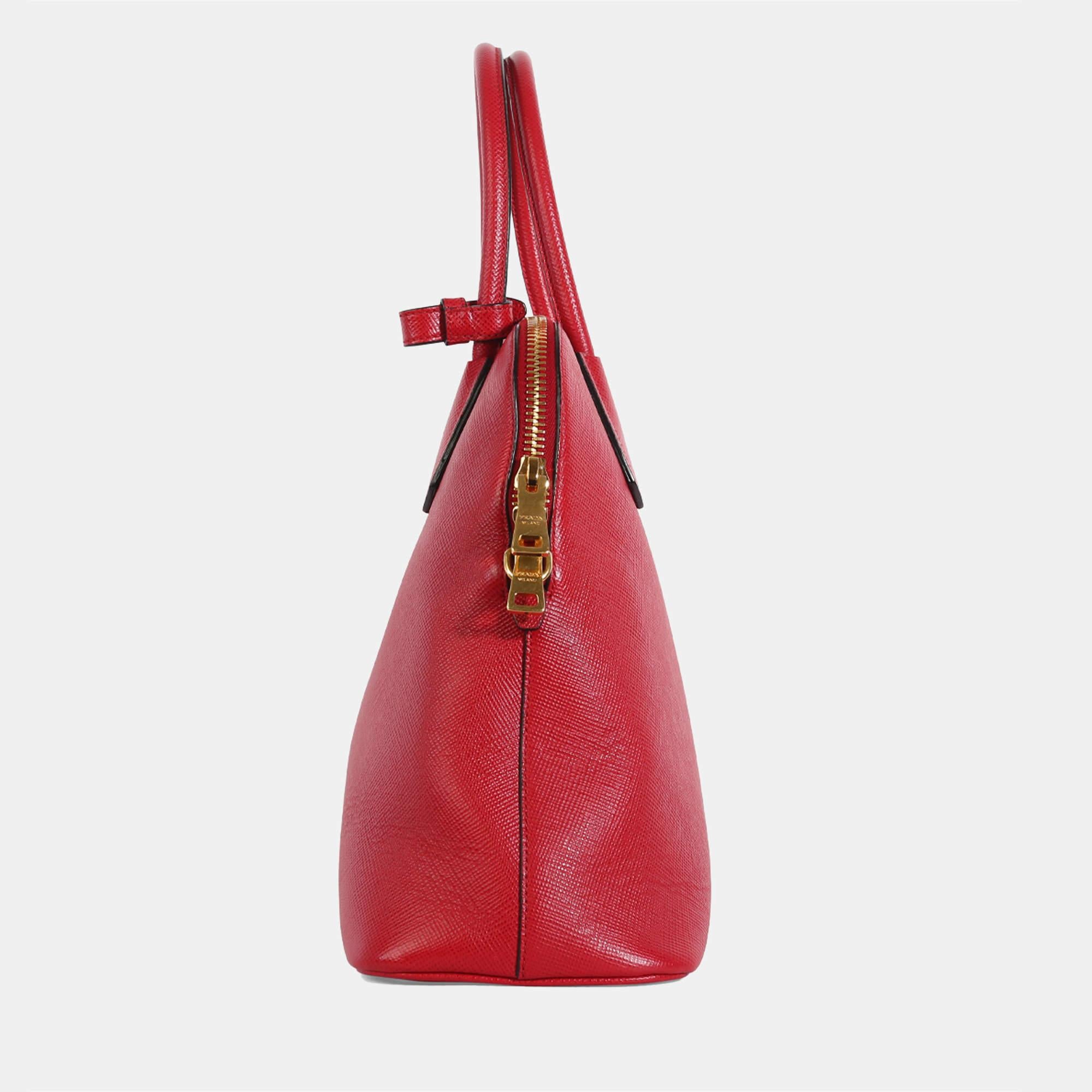 Prada Red Saffiano Leather Medium Dome Satchel Bag For Sale 5