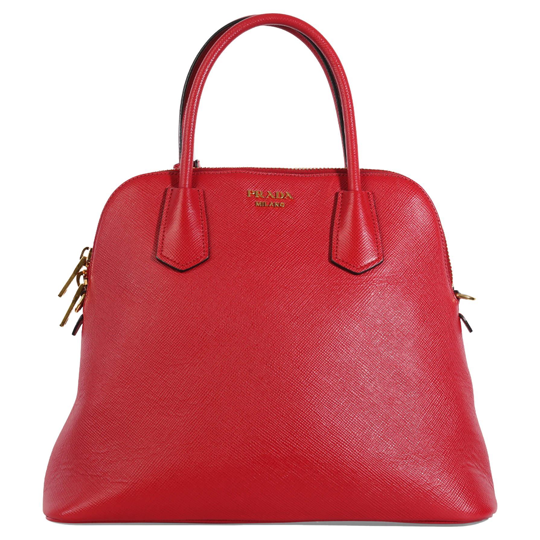 Prada Red Saffiano Leather Medium Dome Satchel Bag For Sale