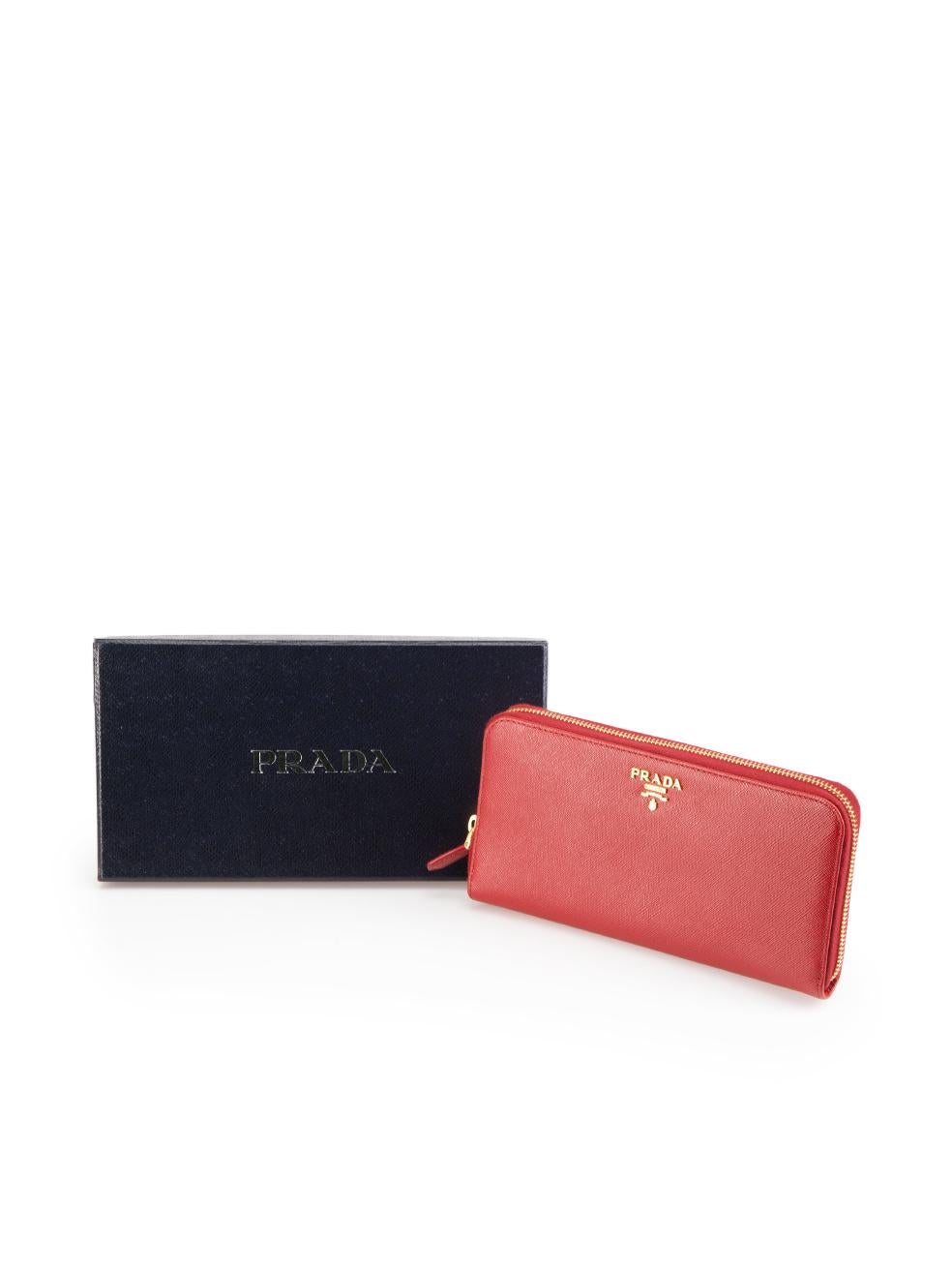 Prada Red Saffiano Leather Zip Around Wallet For Sale 2