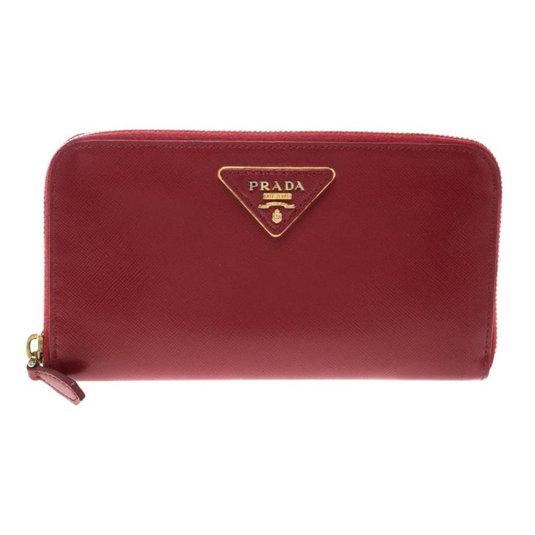 Prada Red Saffiano Leather Zip Around Wallet For Sale at 1stDibs