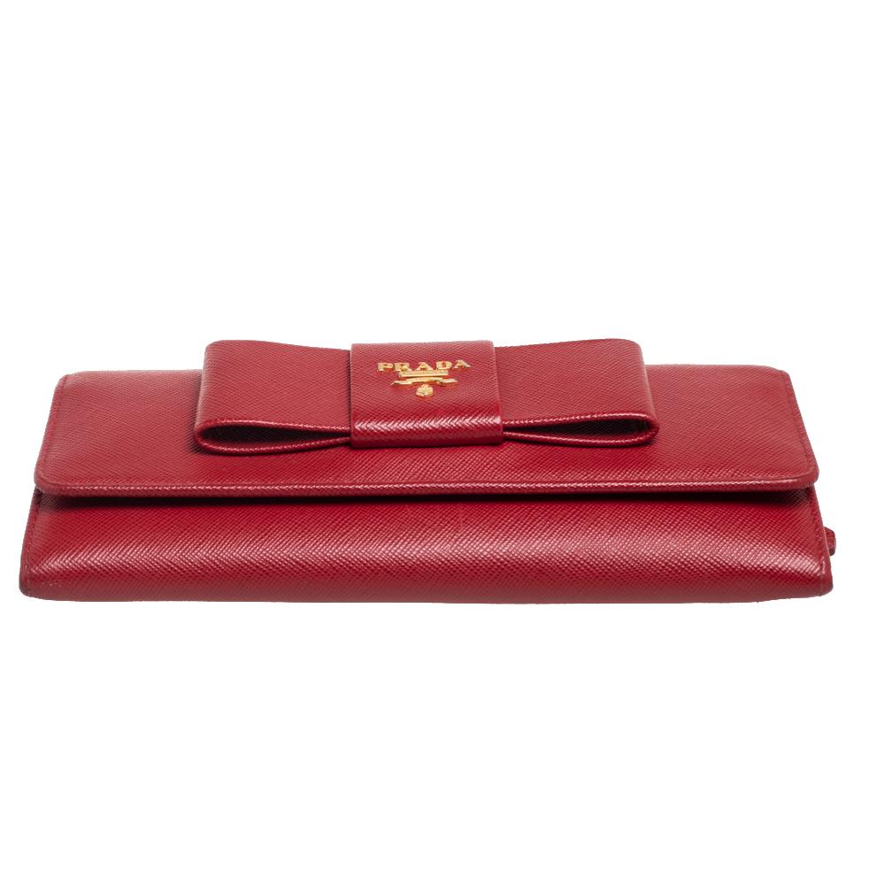 Women's Prada Red Saffiano Lux Leather Bow Flap Continental Wallet