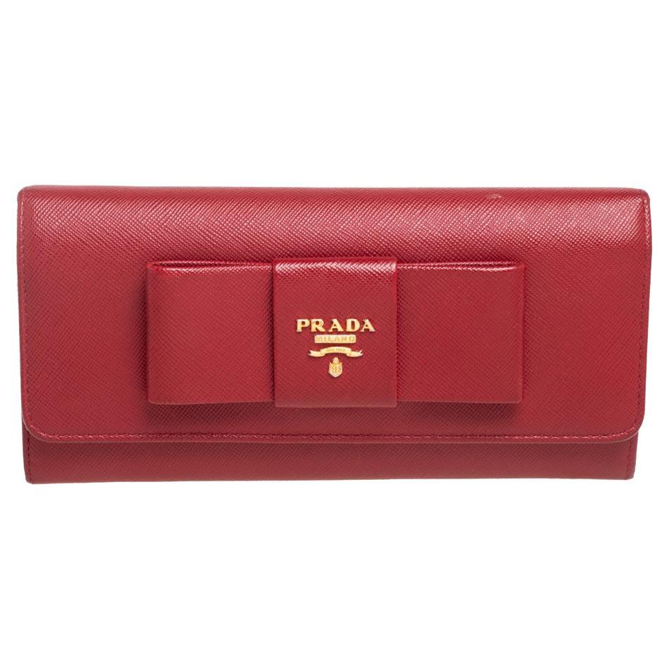 Prada Red Saffiano Lux Leather Bow Flap Continental Wallet