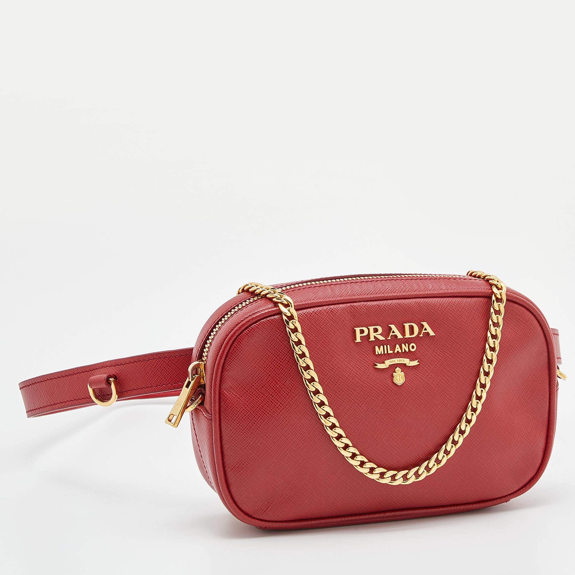 Women's Prada Red Saffiano Lux Leather Convertible Chain Belt Bag