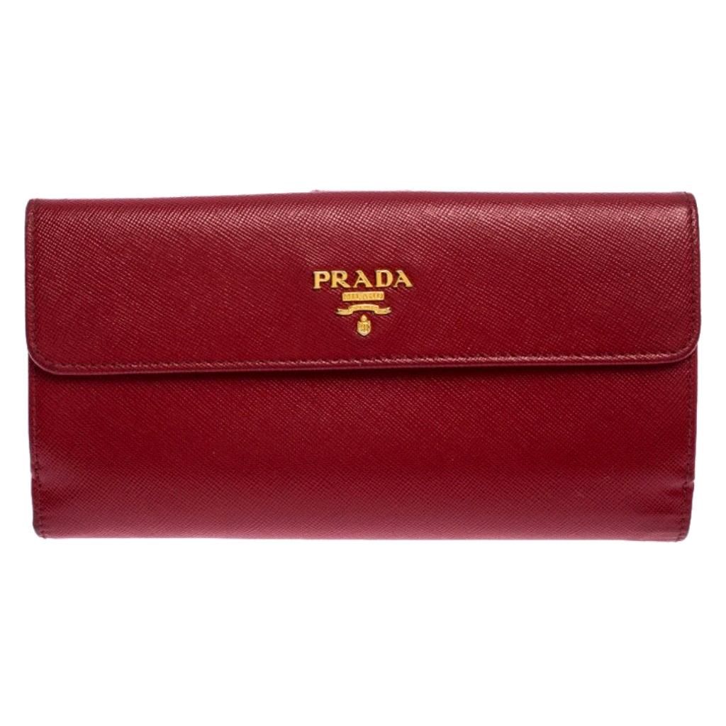 Prada Red Saffiano Lux Leather Flap Continental Wallet