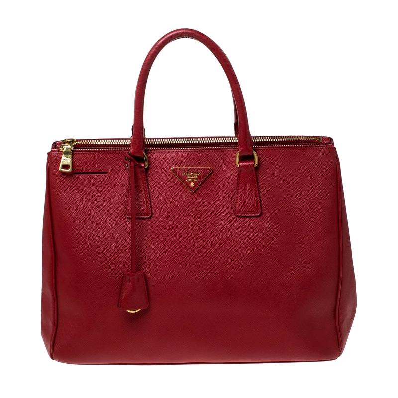 Prada Red Saffiano Lux Leather Large Double Zip Tote