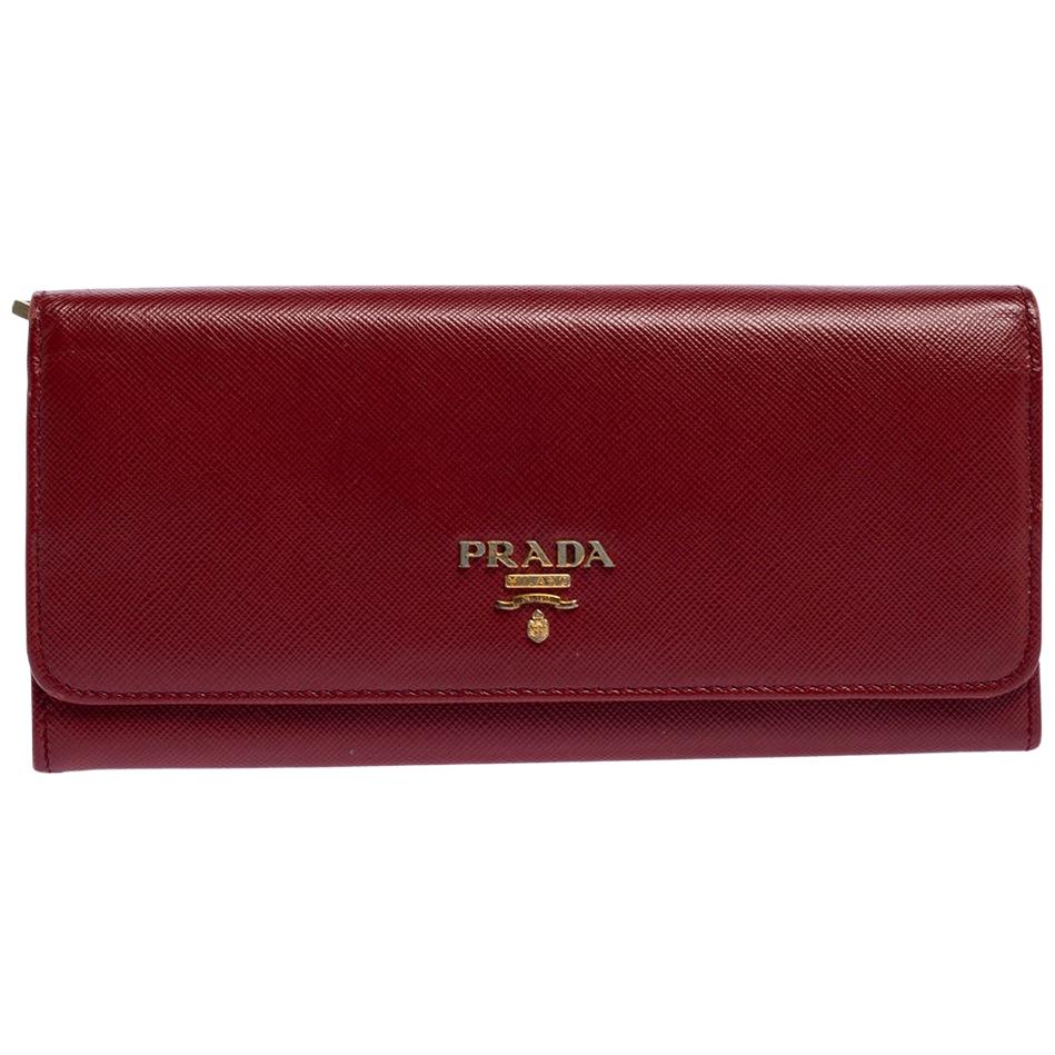 Prada Red Saffiano Lux Leather Logo Flap Continental Wallet