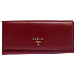 Prada Red Saffiano Lux Leather Logo Flap Continental Wallet