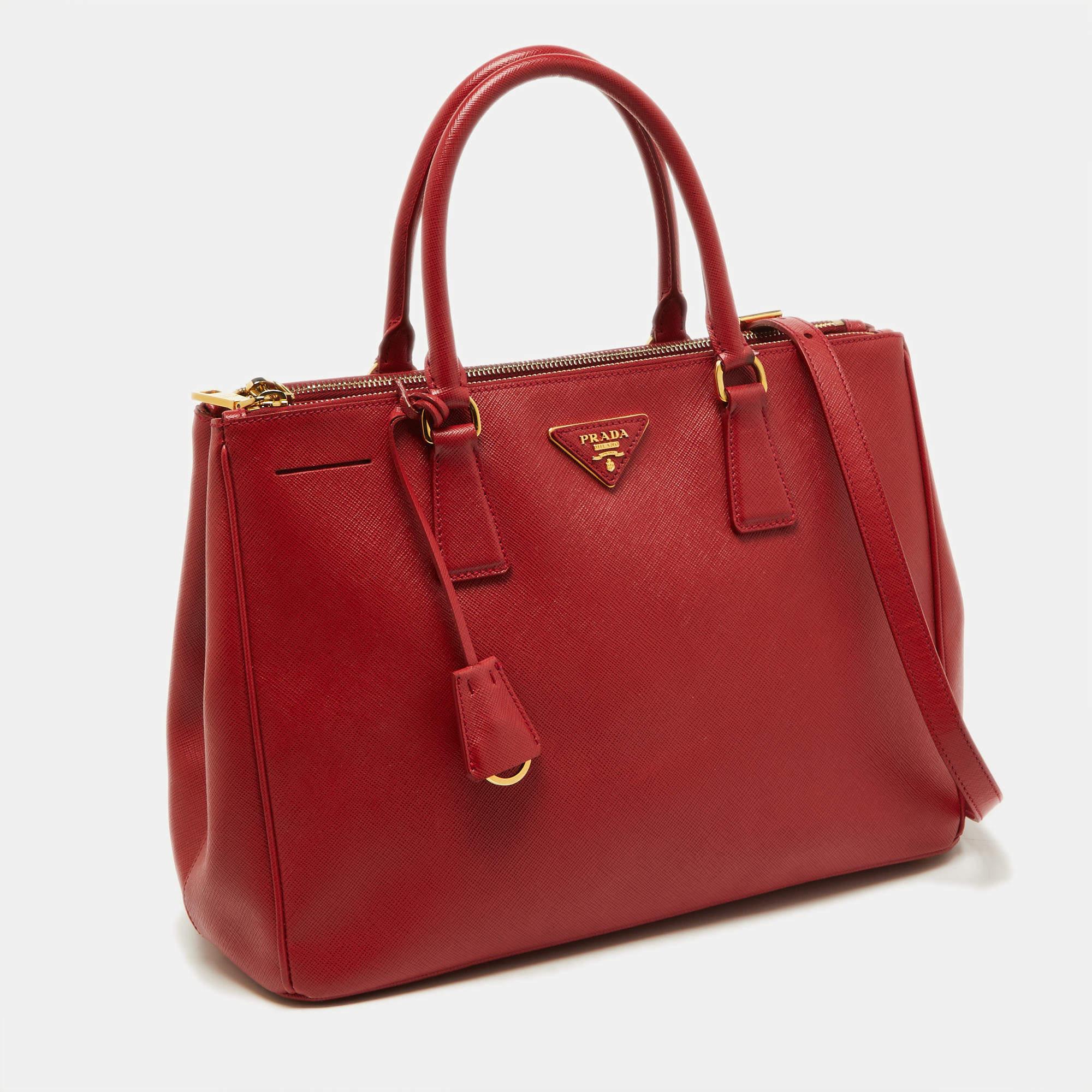 Women's Prada Red Saffiano Lux Leather Medium Double Zip Tote For Sale