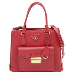 Prada Red Saffiano Lux Leather Small Front Pocket Double Zip Tote