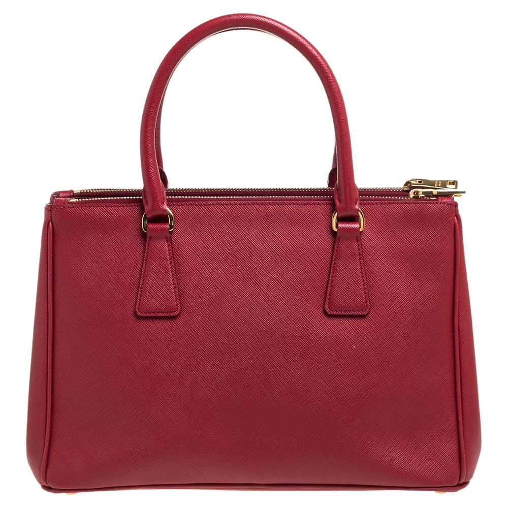 Prada Red Saffiano Lux Leather Small Galleria Double Zip Tote at