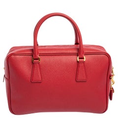 Prada Red Saffiano Lux Leather Zip Bauletto Bag