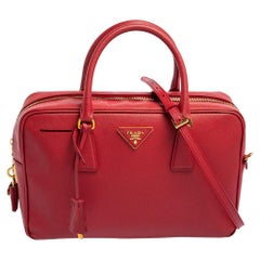 Prada Red Saffiano Lux Leather Zip Bauletto Bag