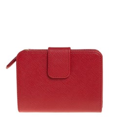 Prada Red Saffiano Metal Leather Compact Wallet