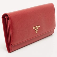 Prada Red Saffiano Metal Leather Logo Flap Continental Wallet