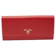 Prada Red Saffiano Metal Leather Logo Flap Continental Wallet