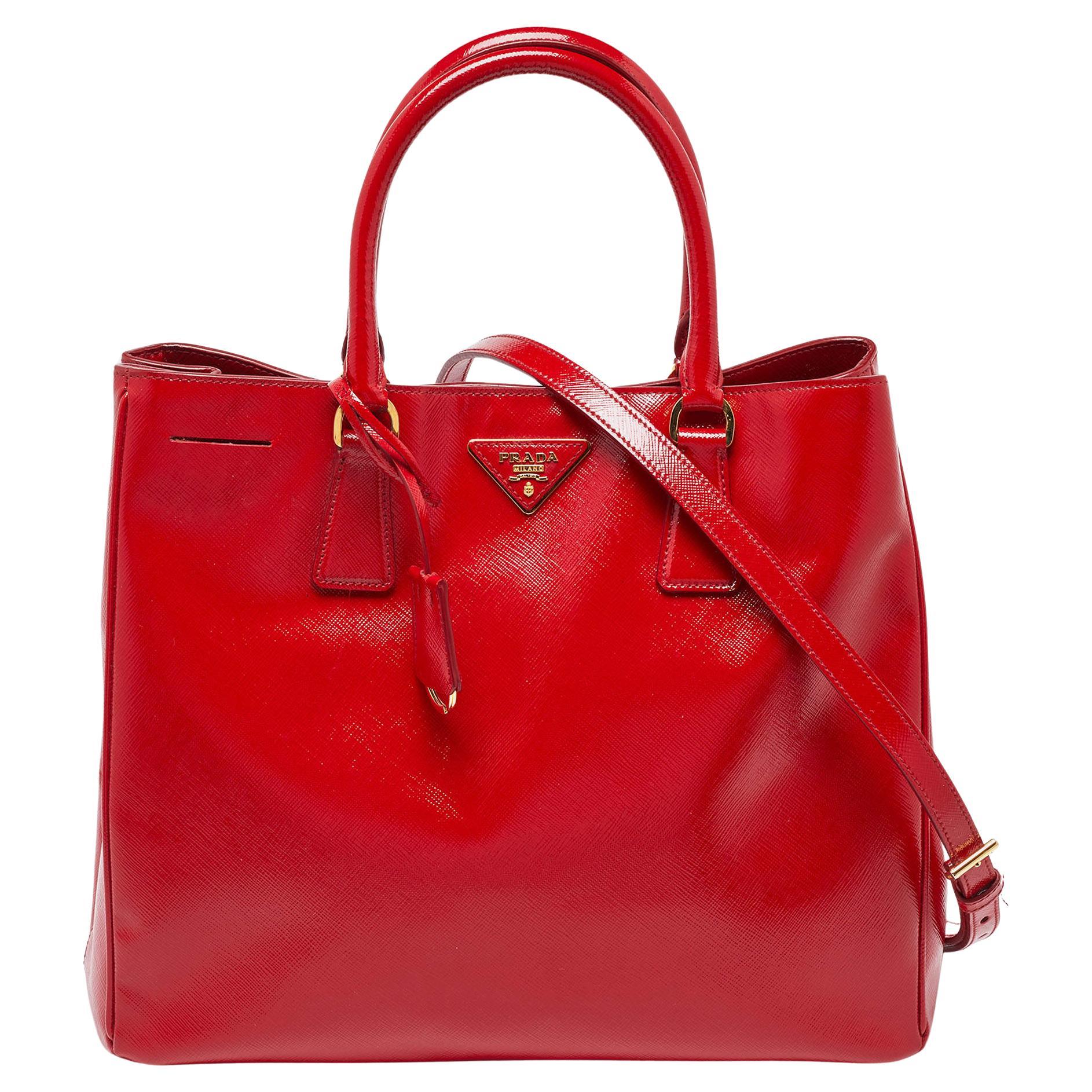 Prada Red Saffiano Patent Leather Double Handle Open Tote For Sale