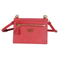 Prada Red Saffiano Triangle Card Holder With Strap