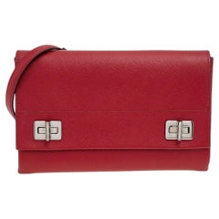 Prada Red Saffiano Turnlock Chain Shoulder Bag