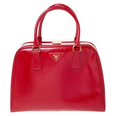 Prada Red Saffiano Vernice Leather Pyramid Frame Top Handle Bag