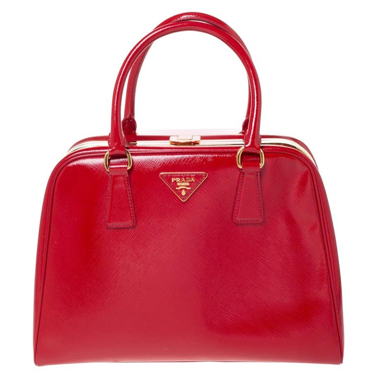 Prada Red Saffiano Vernice Leather Pyramid Frame Top Handle Bag at ...