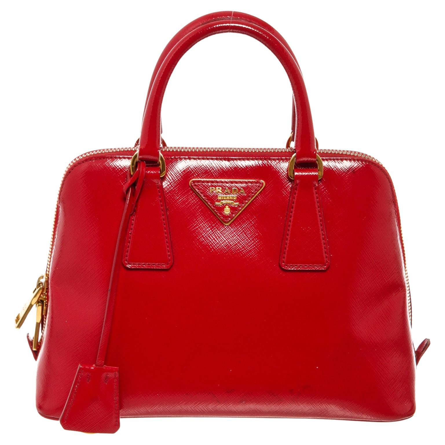 Prada Red Saffiano Vernice Leather Top Handle Handbag