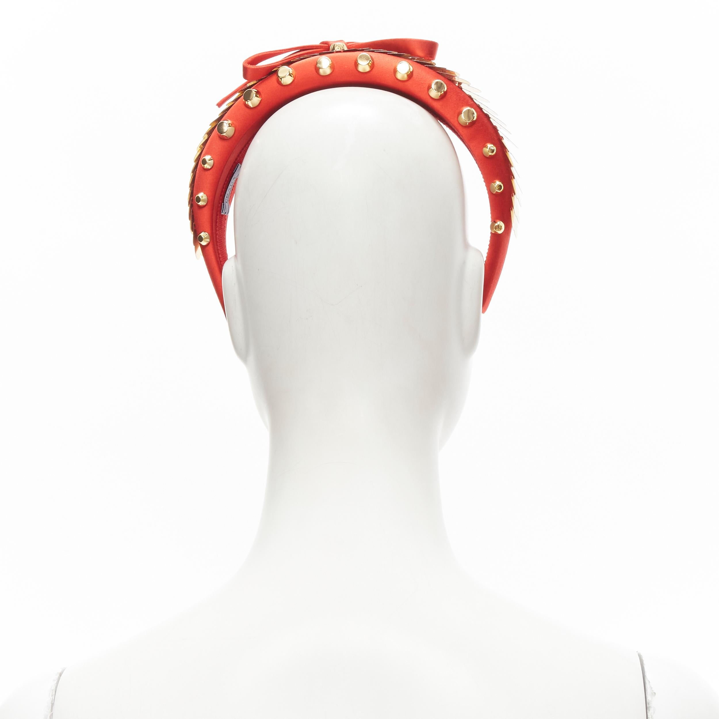 Beige PRADA red satin gold pailette studded bow puffy headband For Sale