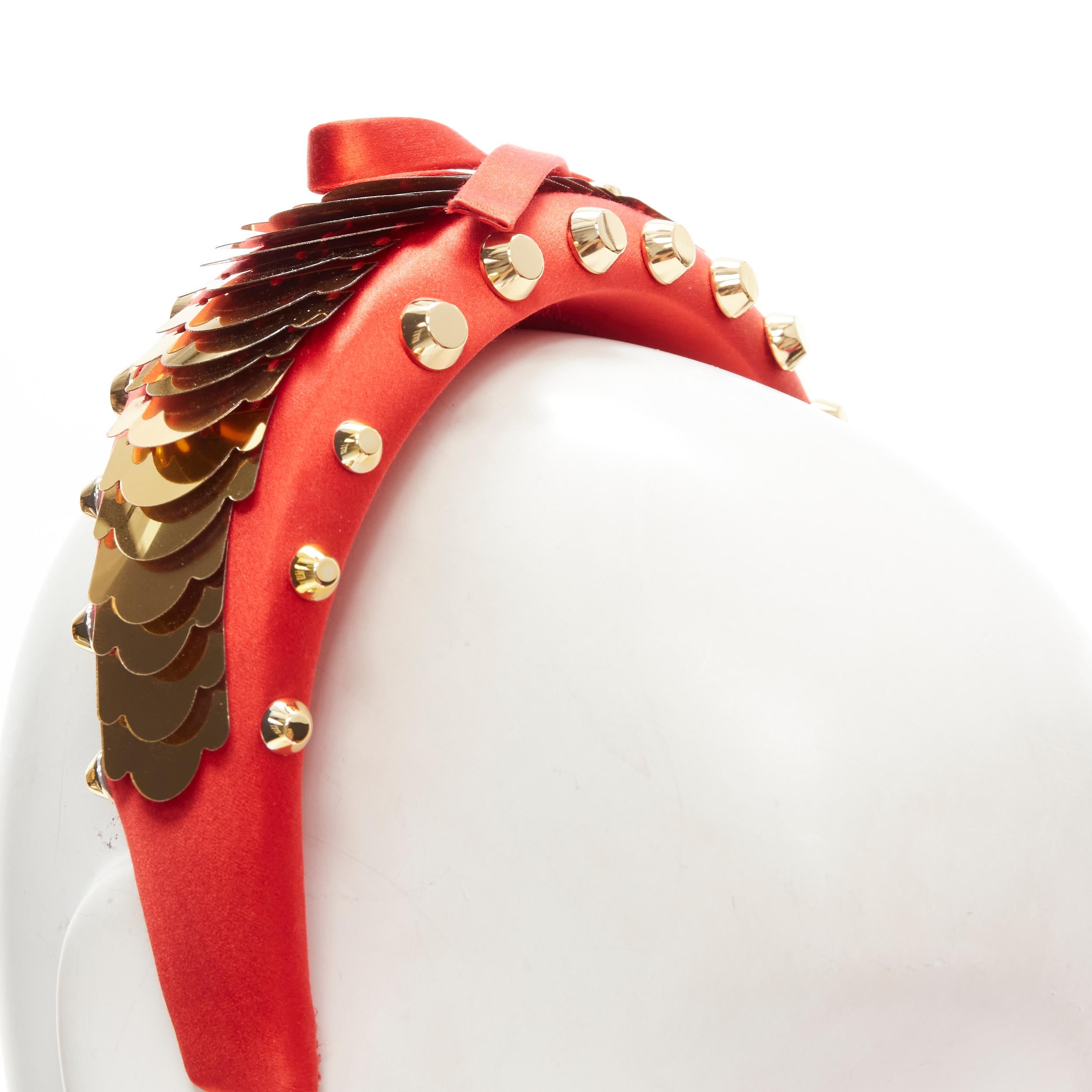 Women's PRADA red satin gold pailette studded bow puffy headband For Sale