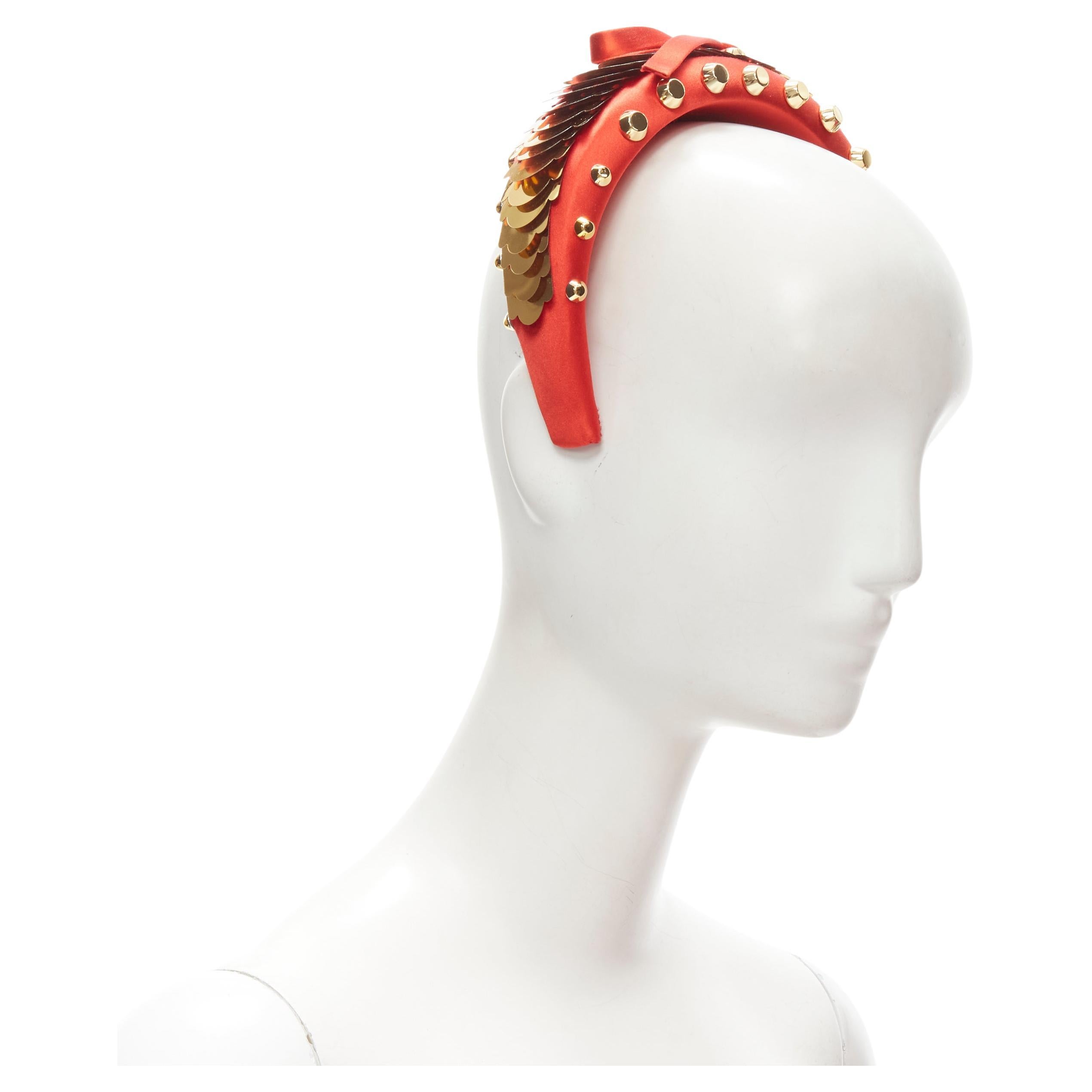 PRADA red satin gold pailette studded bow puffy headband For Sale