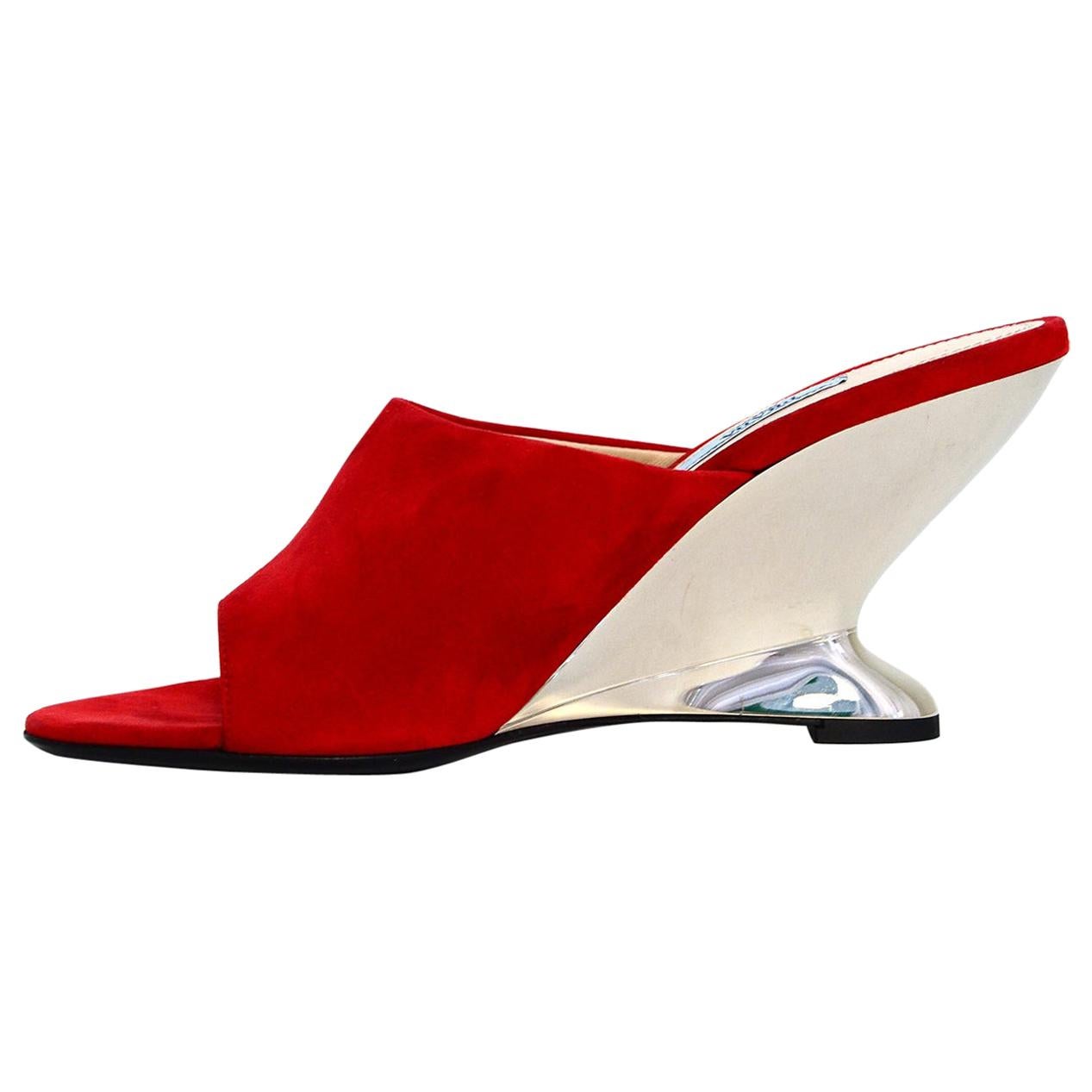 Prada Red Sculptural Metallic Wedge Heel Mules sz 39.5 rt $850