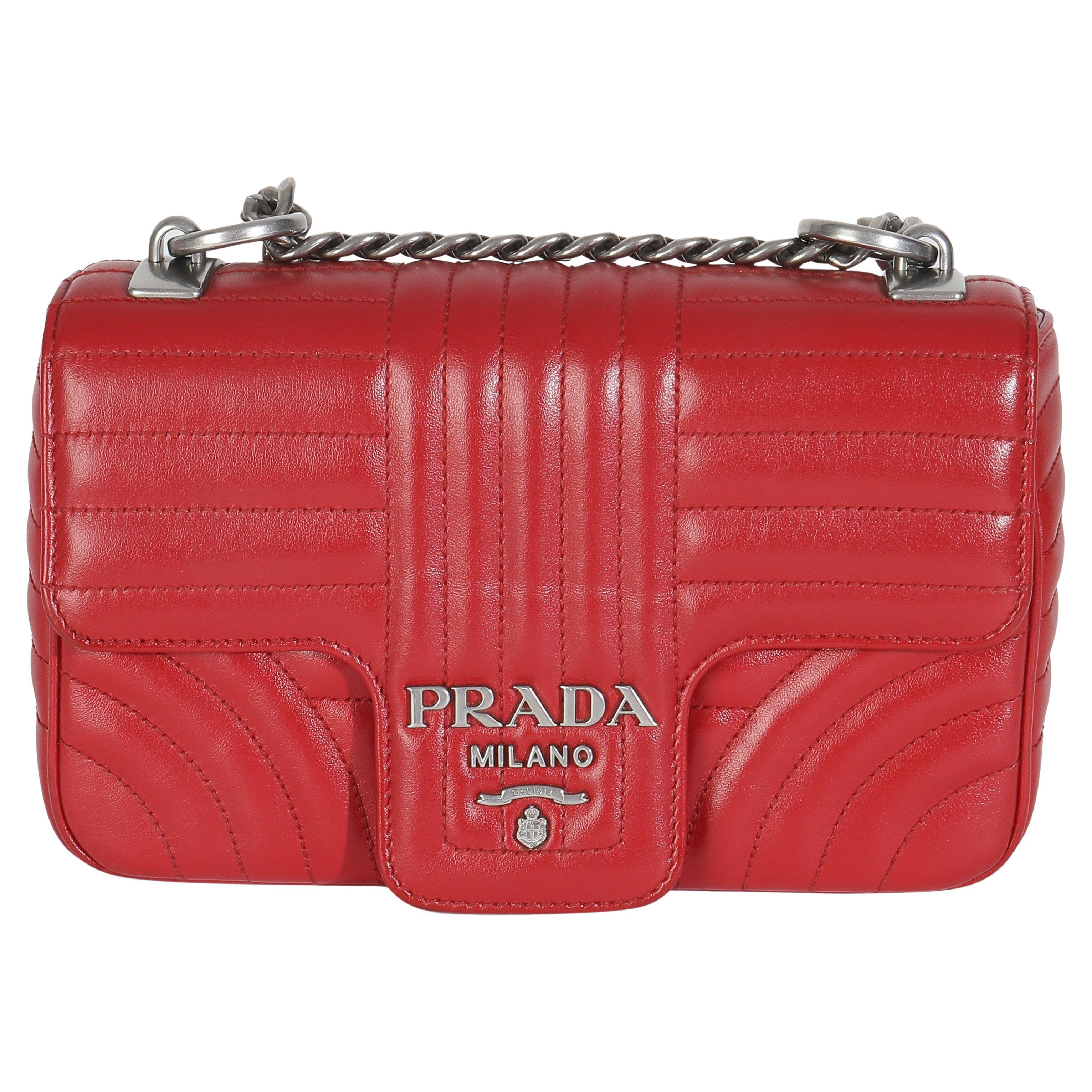 Prada Red Soft Calfskin Impunture Diagramme Medium Chain Flap Bag