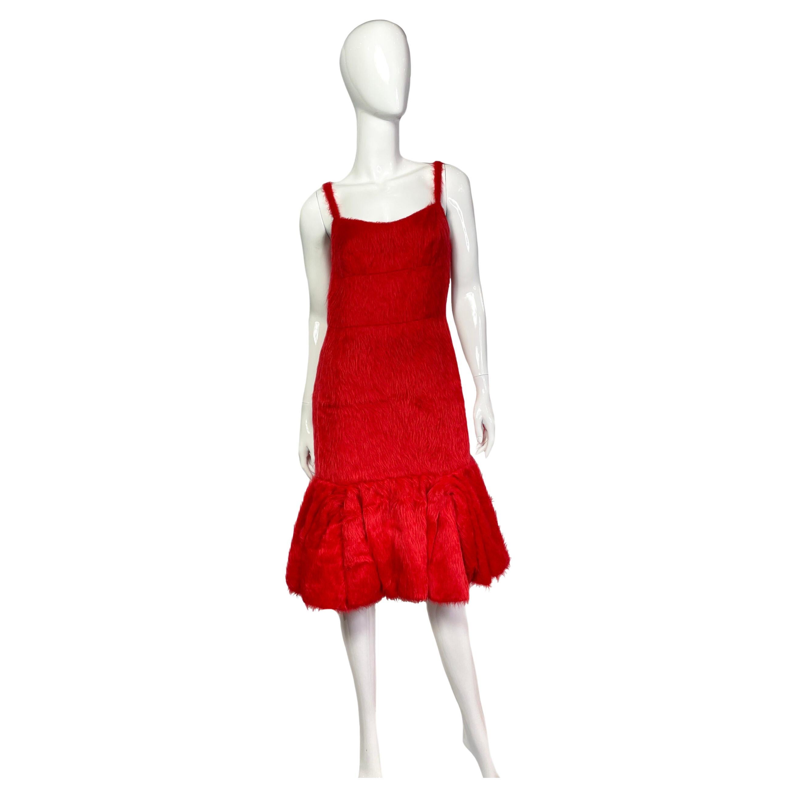 Prada Red Strap Faux Fur Dress, SS 2007 For Sale at 1stDibs