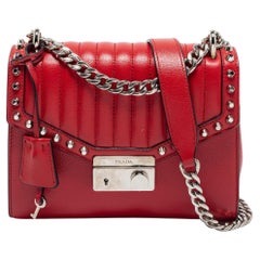 Prada Red Studded Vitello Daino Leather Flap Crossbody Bag