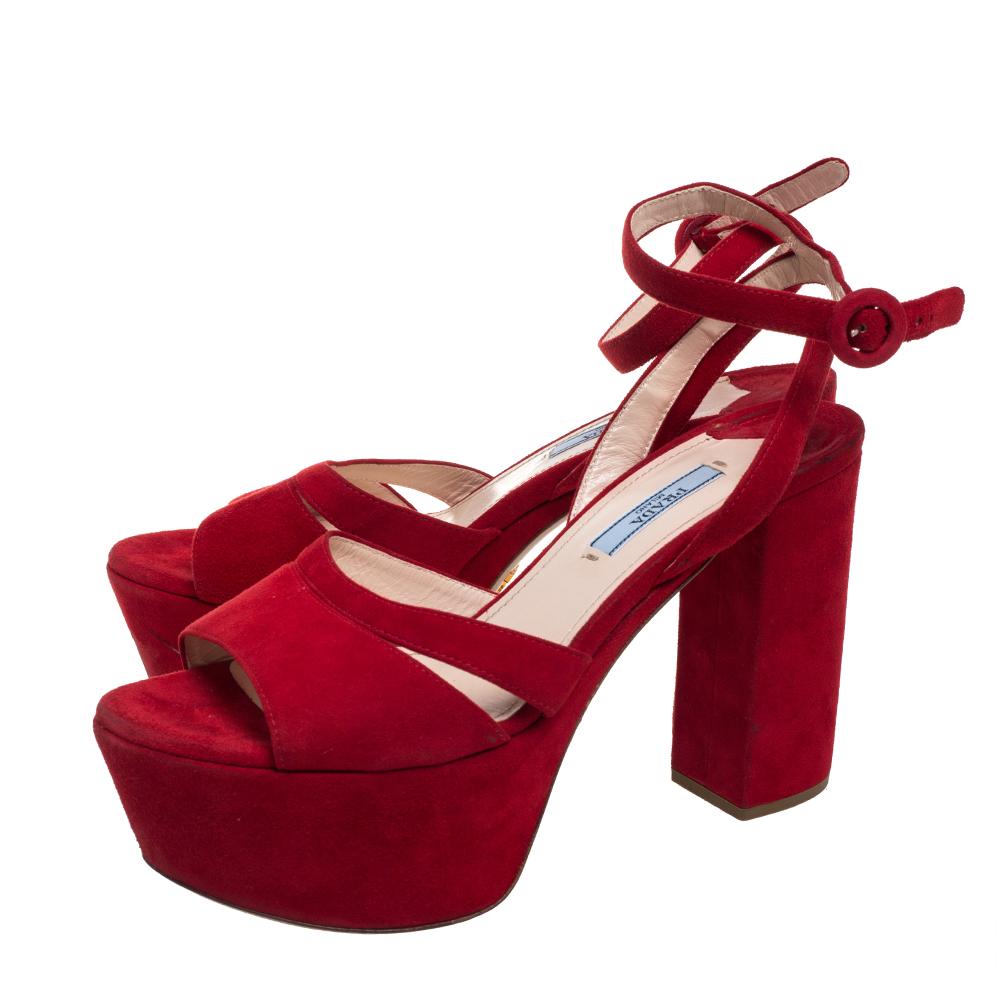 Women's Prada Red Suede Block Heel Platform Ankle Strap Sandals Size 38