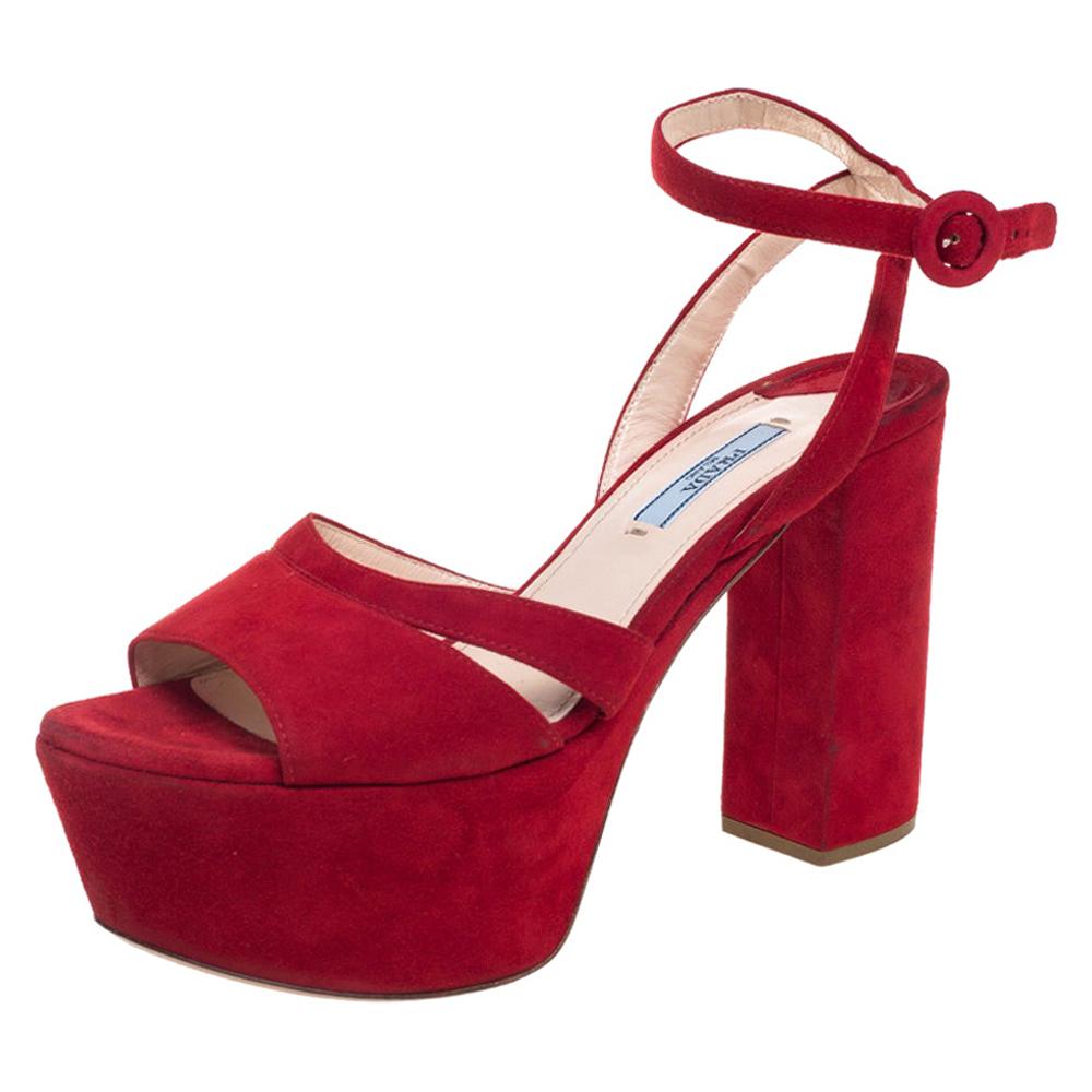Prada Red Suede Block Heel Platform Ankle Strap Sandals Size 38 at
