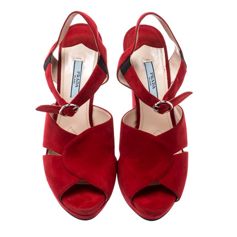 Prada Red Suede Leather Open Toe Ankle Strap Sandals Size 38 In Good Condition In Dubai, Al Qouz 2
