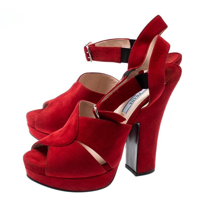 Women's Prada Red Suede Leather Open Toe Ankle Strap Sandals Size 38