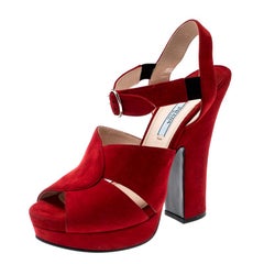 Prada Red Suede Leather Open Toe Ankle Strap Sandals Size 38