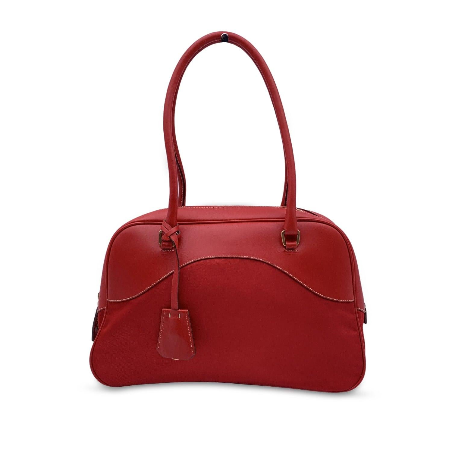 Prada Red Tessuto Travel Canvas and Leather Bowling Bag BL0081 In Excellent Condition In Rome, Rome