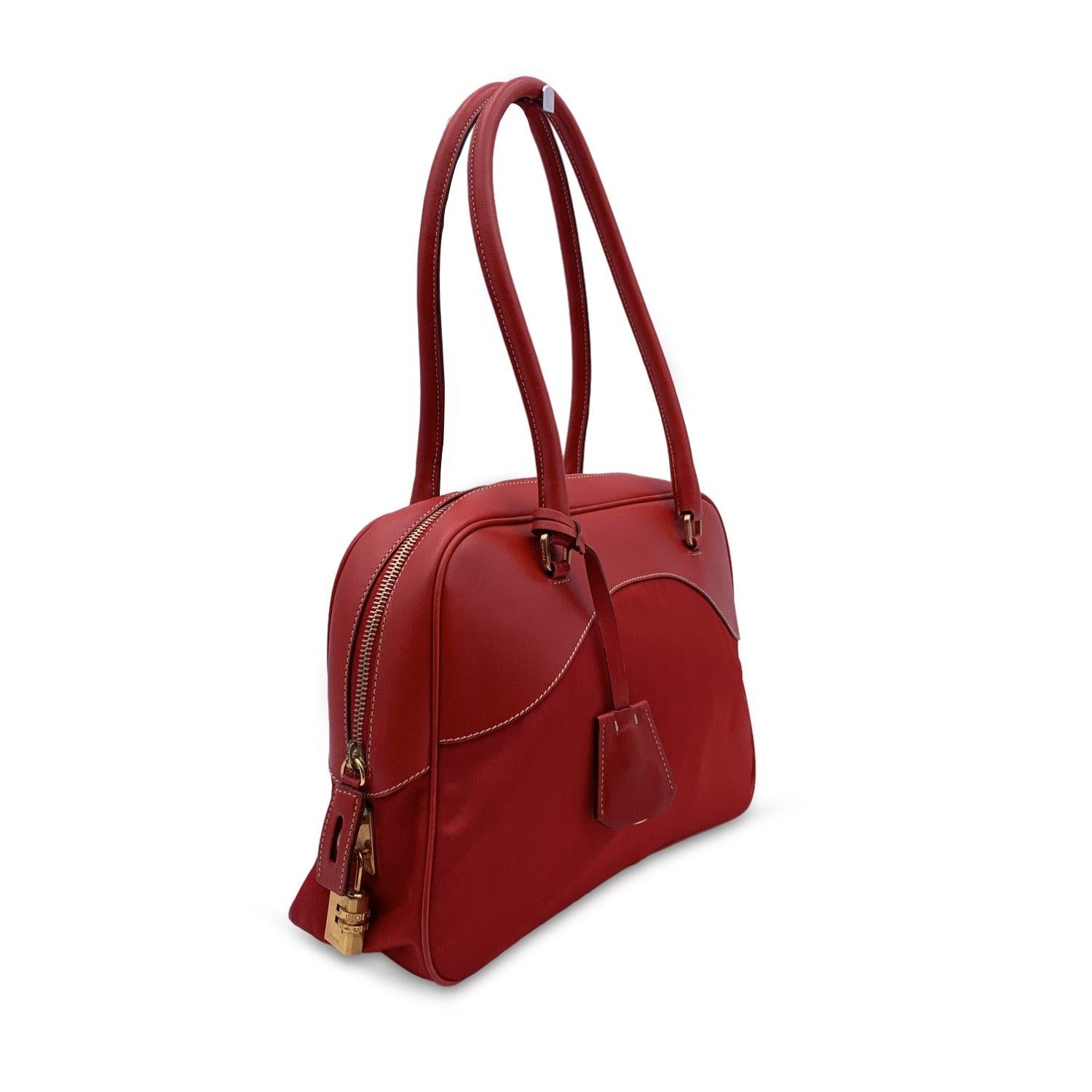 Prada Red Tessuto Travel Canvas and Leather Bowling Bag BL0081 In Excellent Condition In Rome, Rome