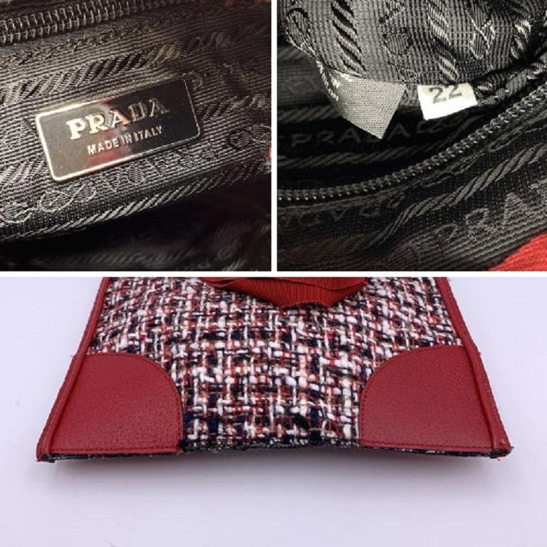 Prada Red Tweed and Leather Small Flat Tote Handbag Satchel For Sale 1
