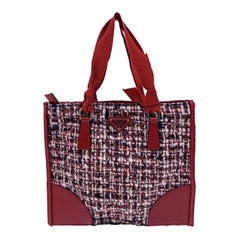 Prada Rotes Tweed und Leder Kleine flache Tote Handtasche Satchel