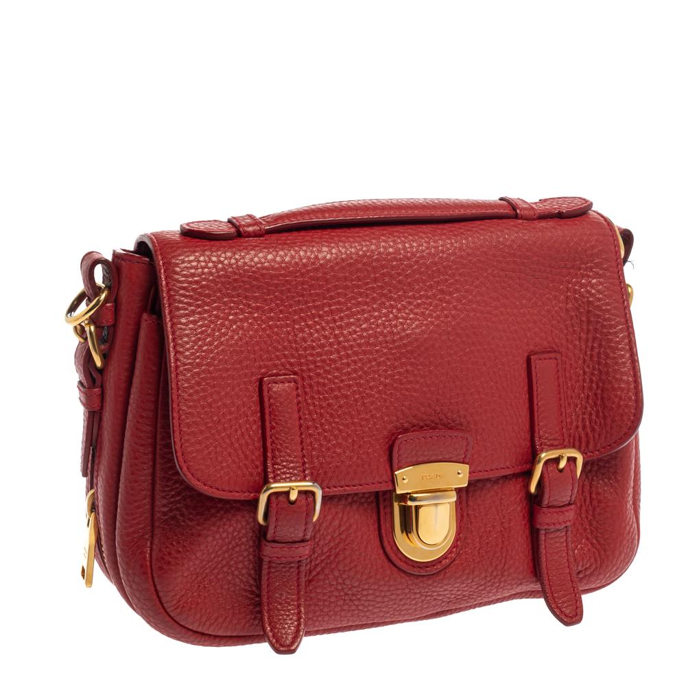 Prada Red Vitello Daino Leather Pushlock Flap Top Handle Bag In Good Condition In Dubai, Al Qouz 2