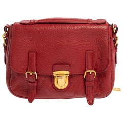 Prada Red Vitello Daino Leather Pushlock Flap Top Handle Bag