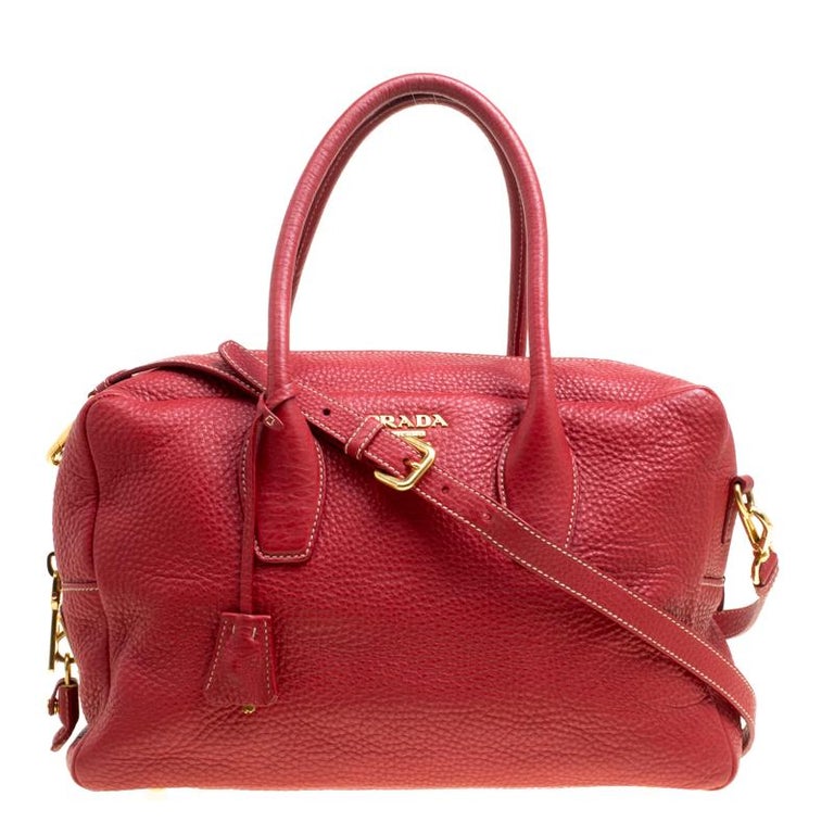 Prada Red Vitello Daino Leather Top Handle Bag For Sale at 1stdibs