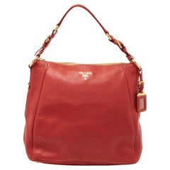 Prada Red Vitello Daino Leather Zip Hobo